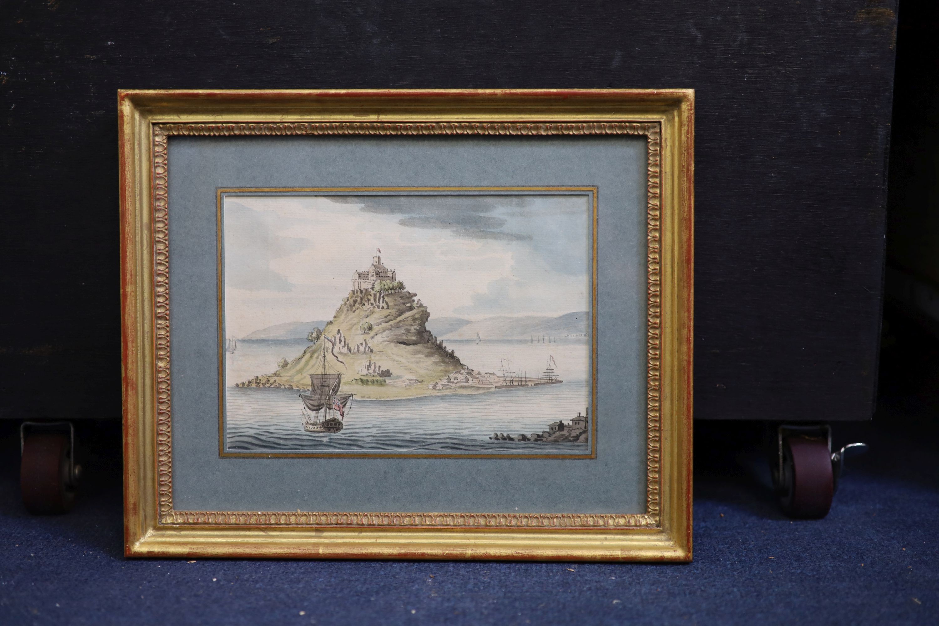 18th Century English School, View of St Michael's Mount with a frigate in the foreground, ink and watercolour, 14 x 19.5cm